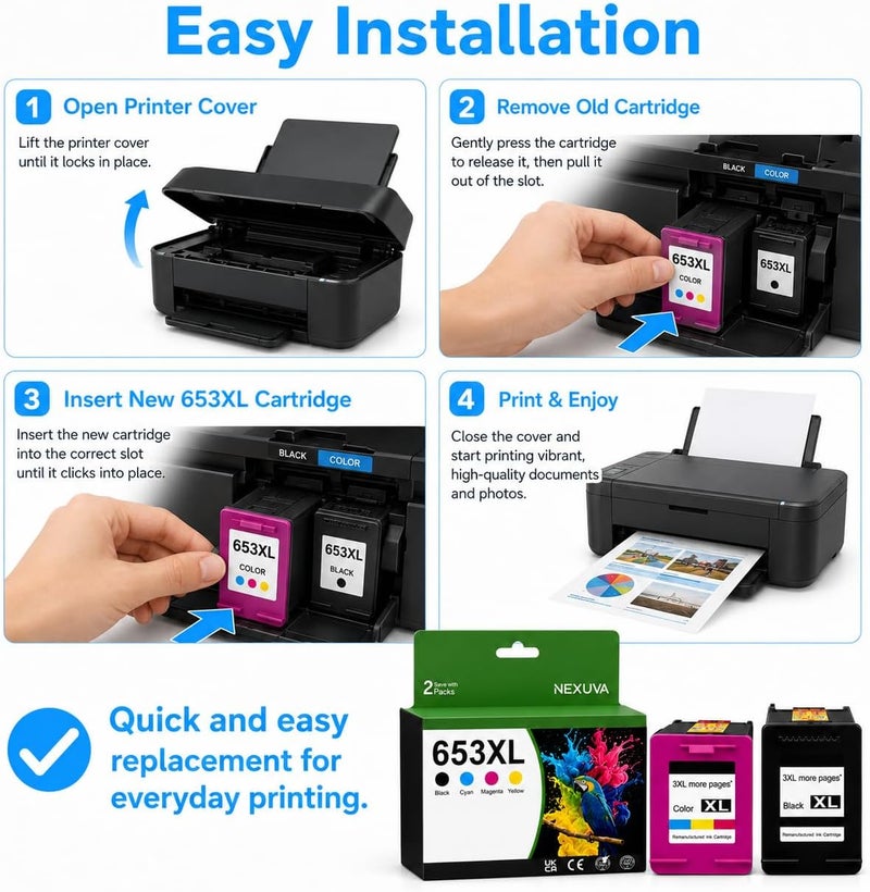 نيكسوفا خرطوشة حبر 653XL عالية الإنتاجية بديلة لخرطوشة حبر HP 653، متوافقة مع طابعات HP DeskJet Ink Advantage 6075 6400 2875 2876 2878 4276 4278 (عبوة من 2، 653XL) - Image 5