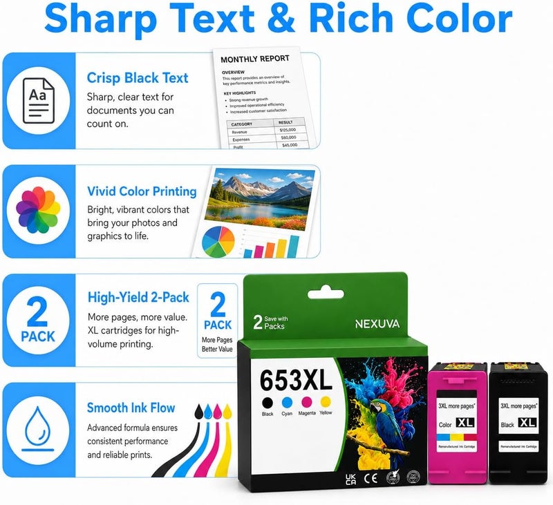 نيكسوفا خرطوشة حبر 653XL عالية الإنتاجية بديلة لخرطوشة حبر HP 653، متوافقة مع طابعات HP DeskJet Ink Advantage 6075 6400 2875 2876 2878 4276 4278 (عبوة من 2، 653XL) - Image 4