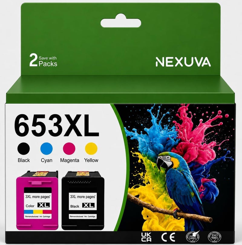 نيكسوفا خرطوشة حبر 653XL عالية الإنتاجية بديلة لخرطوشة حبر HP 653، متوافقة مع طابعات HP DeskJet Ink Advantage 6075 6400 2875 2876 2878 4276 4278 (عبوة من 2، 653XL) - Image 1