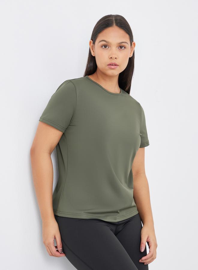 Styli Active Twist Knot Open Back Short Sleeve Top with Back Mesh Sports Bra and Leggings Set - Image 3