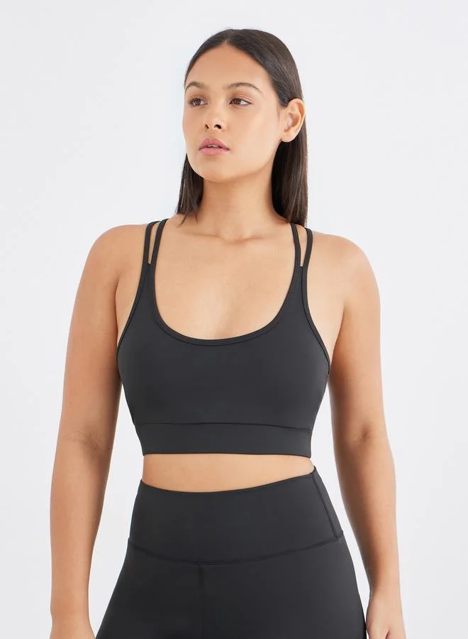 Styli Styli Twist Knot Open Back Short Sleeve Top with Back Mesh Sports Bra and Leggings Set