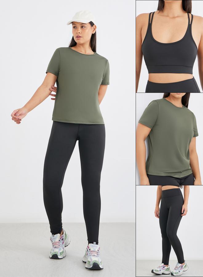 Styli Active Twist Knot Open Back Short Sleeve Top with Back Mesh Sports Bra and Leggings Set - Image 1