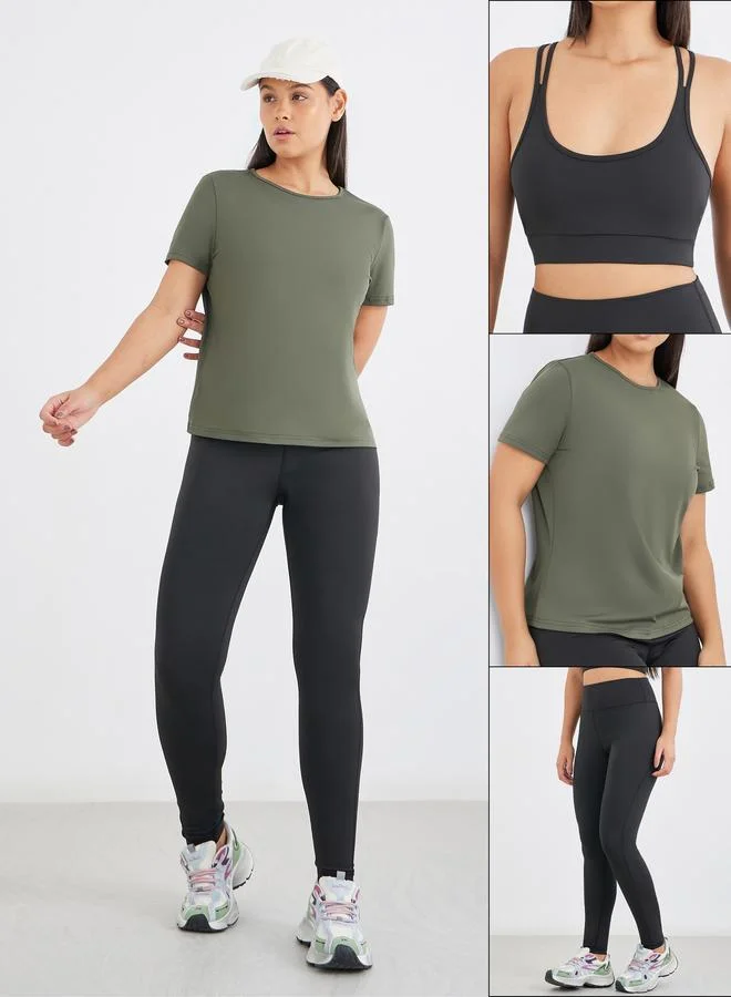 Styli Active Twist Knot Open Back Short Sleeve Top with Back Mesh Sports Bra and Leggings Set