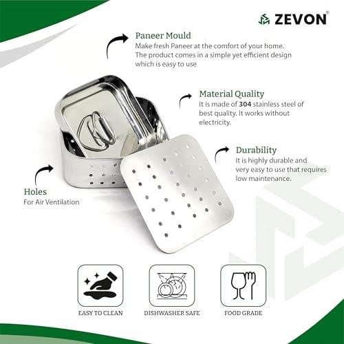ZEVON Paneer Maker Steel - Paneer Maker Mould Press with Square Strainer | Stainless Steel Paneer and Tofu Making Machine | Fresh Paneer/Tofu/Sprout Press Mould for Kitchen Use (Square, 450ml) - Image 2