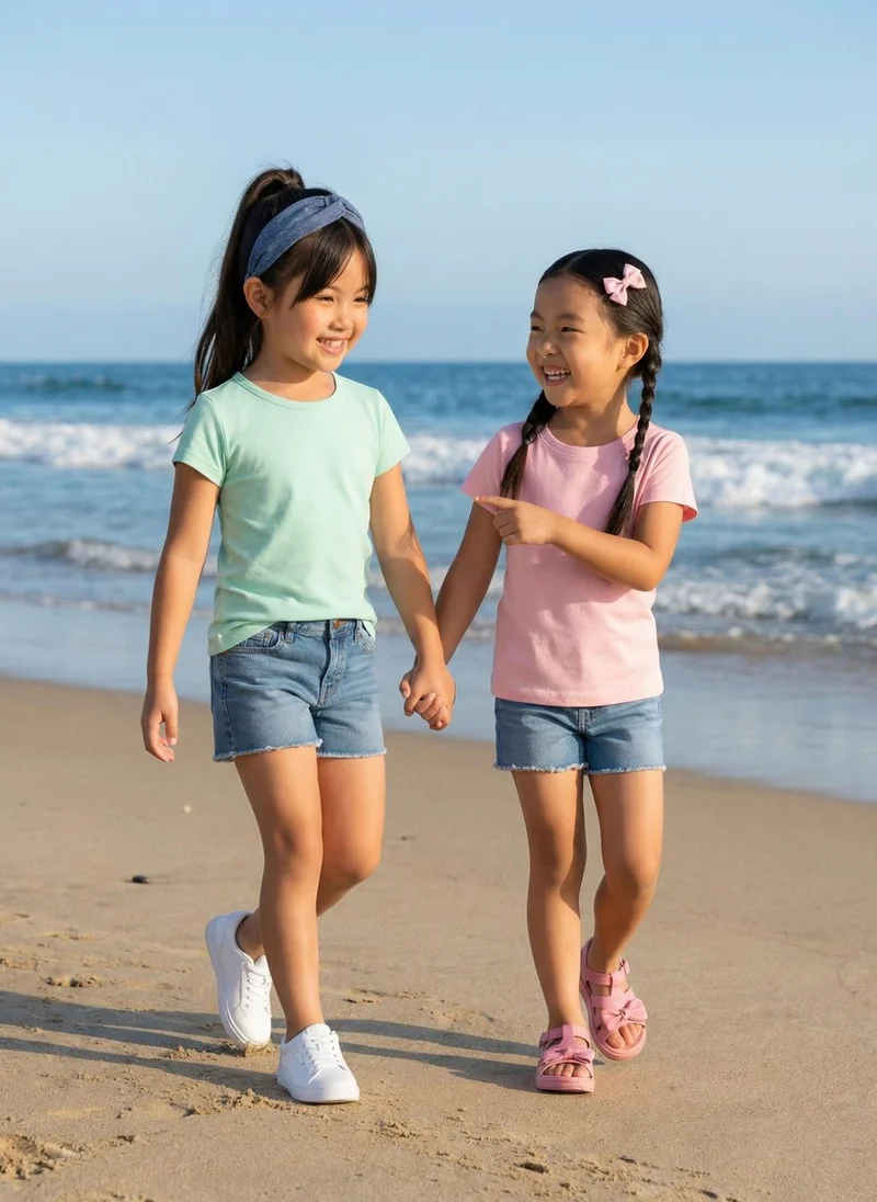 نوتيناتي Nautinati Girls' 100% Cotton Pack of 2 Solid Essentials Crew Neck T-shirts