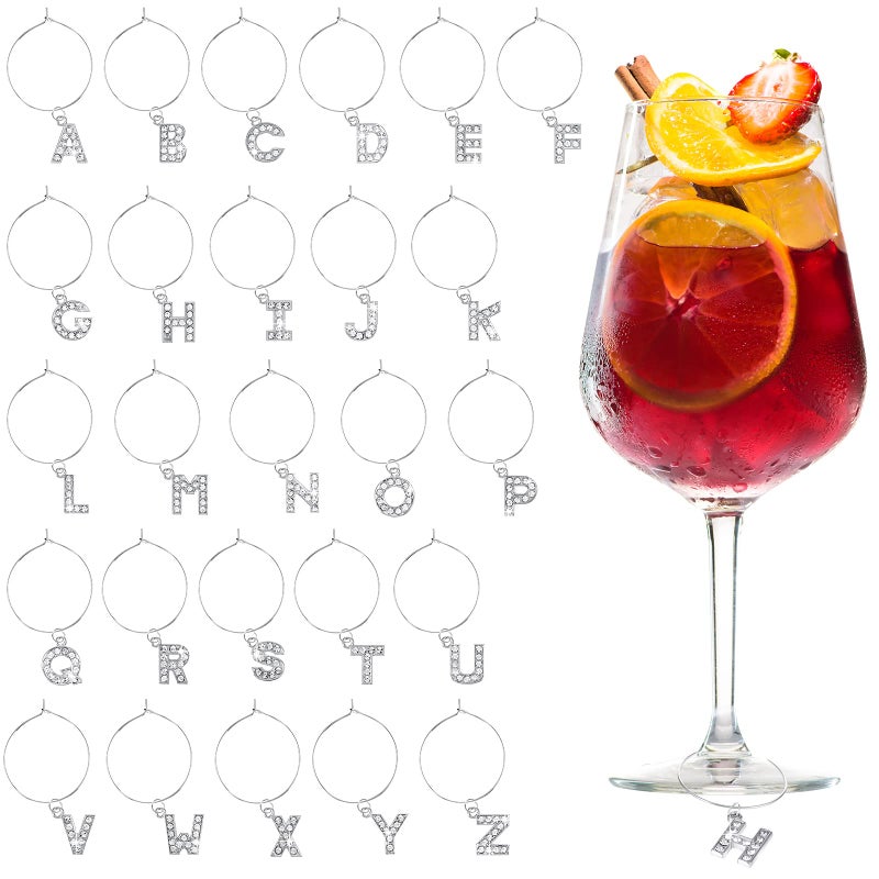 Junkin Junkin 26 Pcs Wine Glasses Charms Metal Identifier Tags Markers with 26 Rings for Stem Summer Bachelorette Cocktail Champagne Wedding Festival Bar Wine Tasting Party FavorSilverLetter