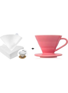 رانك  قمع تقطير V60 سيراميك 01 وردي مع فلاتر قهوة v60 عدد 100 فلتر مقاس 01 حجم كبير ابيض  - Image 1