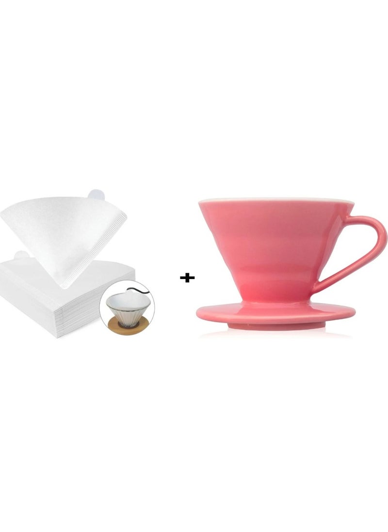 رانك  قمع تقطير V60 سيراميك 01 وردي مع فلاتر قهوة v60 عدد 100 فلتر مقاس 01 حجم كبير ابيض  - Image 1