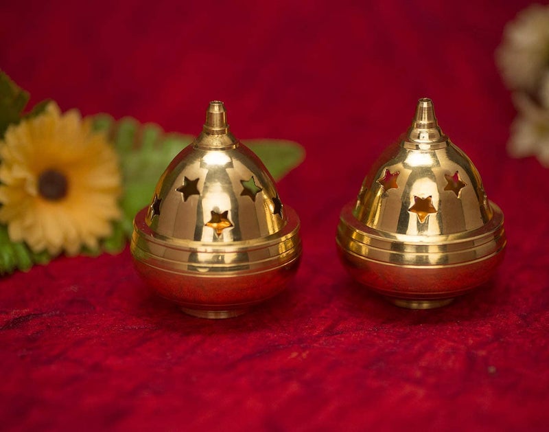Saubhagya Saubhagya Apple Shape Brass Akhand Diya with Star Holes Cover Small Oil Lamp for Pooja Home Temple and Diwali  - Image 2