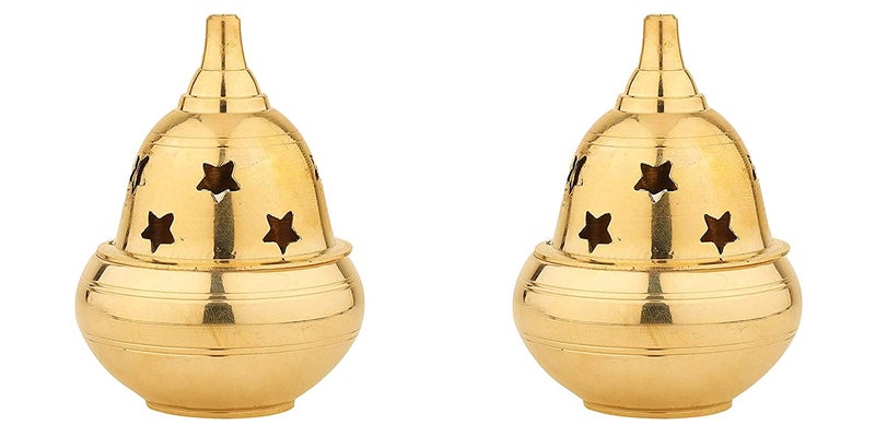 Saubhagya Saubhagya Apple Shape Brass Akhand Diya with Star Holes Cover Small Oil Lamp for Pooja Home Temple and Diwali  - Image 1