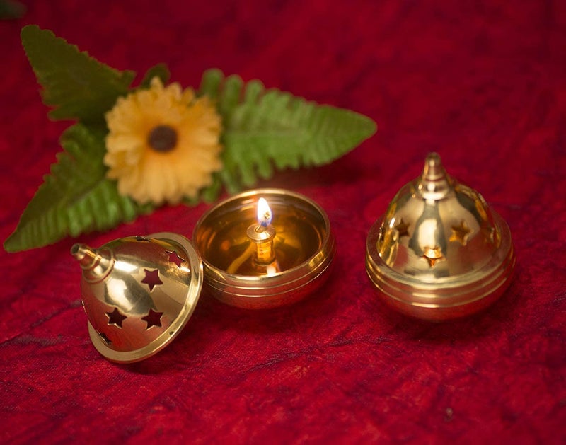 Saubhagya Saubhagya Apple Shape Brass Akhand Diya with Star Holes Cover Small Oil Lamp for Pooja Home Temple and Diwali  - Image 5