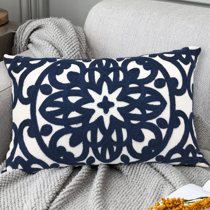 Alysheer Embroidered Lumbar Decorative Throw Pillow Cover 12x 20 Classic Boho Mandala Embroidery Pattern Cotton Rectangular Cushion Case for Sofa Couch Living Room BedroomNavy Blue