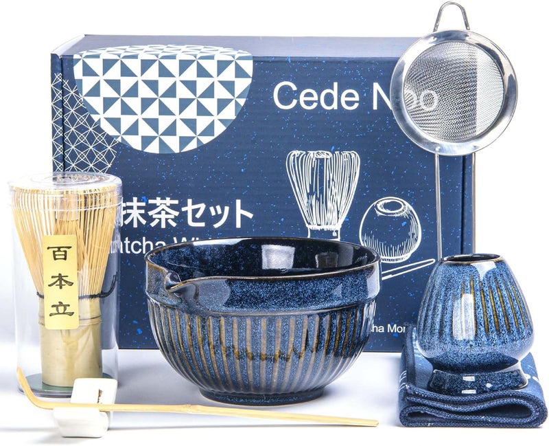 Cede noo 7pcs Matcha Whisk Set with 18oz Spout Bowl, Japanese Tea Ceremony Kit, Natural Bamboo Whisk Scoop, Ceramic Holder Sifter Towel, Best Gift for Beginners and Matcha Lovers - Image 1
