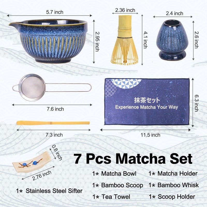 Cede noo 7pcs Matcha Whisk Set with 18oz Spout Bowl, Japanese Tea Ceremony Kit, Natural Bamboo Whisk Scoop, Ceramic Holder Sifter Towel, Best Gift for Beginners and Matcha Lovers - Image 4