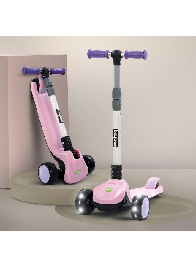 Baybee Phantom Baby Kick Scooter for Kids, Foldable Skate Scooter with 3 Height Adjustable & Music | Kids Scooter with LED PU Wheels & Brake | Runner Scooter for Kids 2 to 10 Years Boy Girl (Pink) - Image 1
