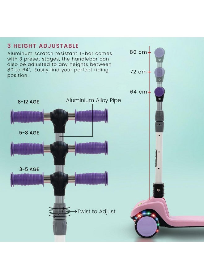 Baybee Phantom Baby Kick Scooter for Kids, Foldable Skate Scooter with 3 Height Adjustable & Music | Kids Scooter with LED PU Wheels & Brake | Runner Scooter for Kids 2 to 10 Years Boy Girl (Pink) - Image 3