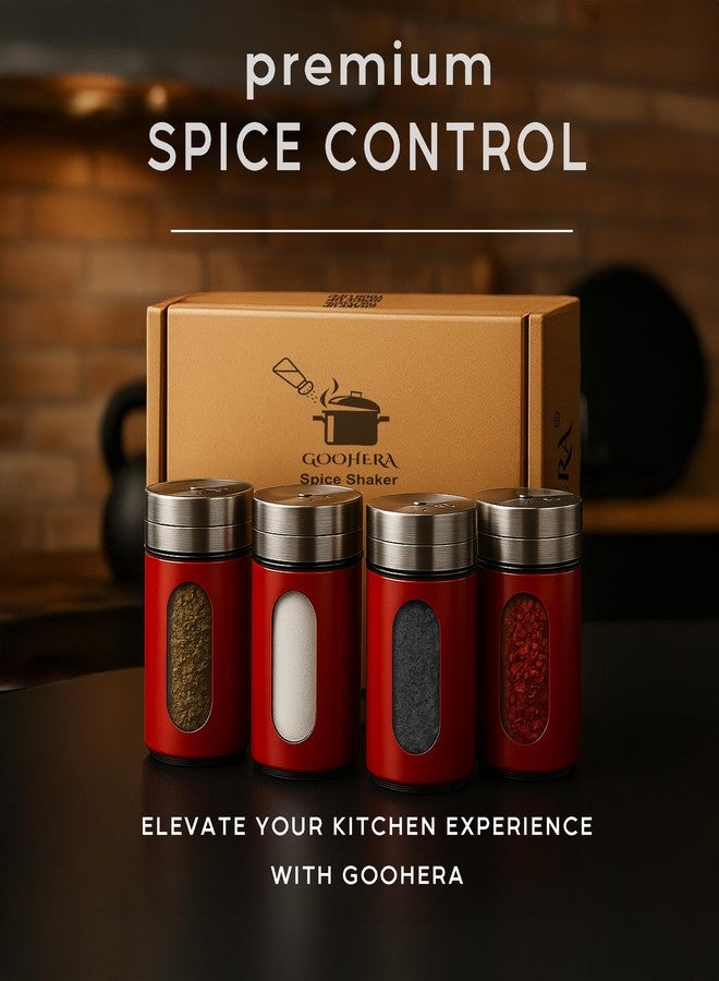 GOOHERA 4-Piece Premium Stainless Steel Salt and Pepper Shakers Set - Adjustable Pour Holes Spice Dispenser for Salt, Sugar, Cinnamon, and Pepper - Stylish Kitchen Seasoning and Spice Shaker Set (Red) - Image 2