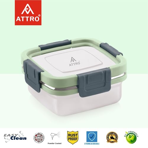 ATTRO Sparkle Stainless Steel Lunch Box – Square Leak-Proof Spill-Proof Microwave Safe Ideal for Kids School Office Travel - 400ml-Green - Image 3