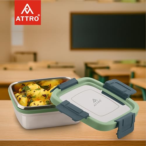 ATTRO Sparkle Stainless Steel Lunch Box – Square Leak-Proof Spill-Proof Microwave Safe Ideal for Kids School Office Travel - 400ml-Green - Image 2