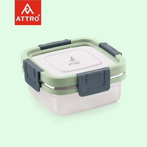 ATTRO Sparkle Stainless Steel Lunch Box – Square Leak-Proof Spill-Proof Microwave Safe Ideal for Kids School Office Travel - 400ml-Green - Image 5