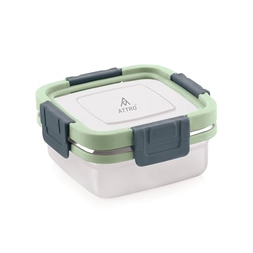 ATTRO Sparkle Stainless Steel Lunch Box – Square Leak-Proof Spill-Proof Microwave Safe Ideal for Kids School Office Travel - 400ml-Green - Image 1