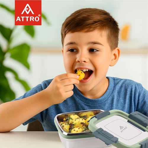 ATTRO Sparkle Stainless Steel Lunch Box – Square Leak-Proof Spill-Proof Microwave Safe Ideal for Kids School Office Travel - 400ml-Green - Image 4