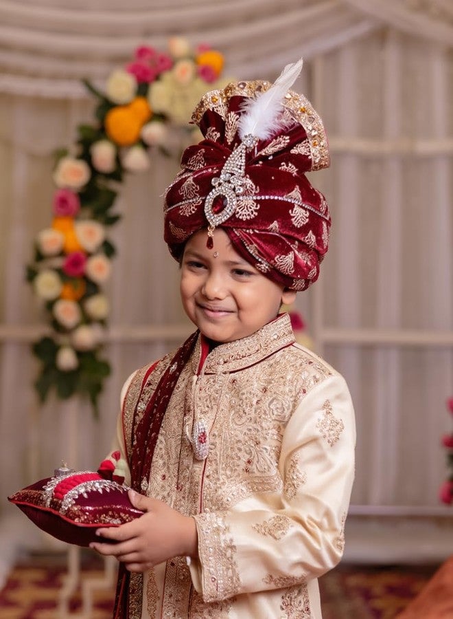 Mithila royal عمامة ميثيلا الملكية للأطفال لحفلات الزفاف | عمامة للأطفال | عمامة شاروالا الملكية الجاهزة | عمامة زفاف هندية تقليدية للأعمار من سنتين إلى ١٠ سنوات | إكسسوار احتفالي وموكب الزفاف (أحمر عنابي) - Image 2