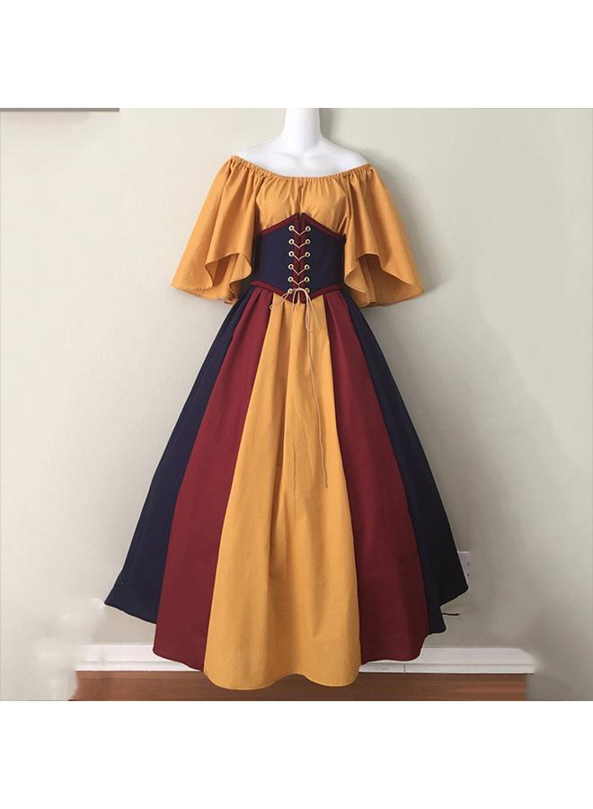 Bluejw European And American Medieval Retro Contrast Color Slim Dress Flying Sleeve Large Swing Dress Shoulder Dress Women's Cos Dress Performance - Image 4