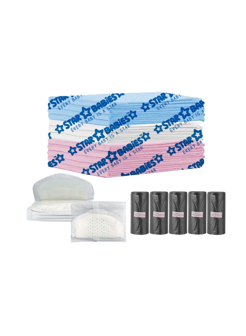STAR BABiES Star Babies Combo Pack (Disposable Changing mat 12pcs, Scented Bag 5pcs (75bags) with  Disposable Breast Pad 5pcs) - Assorted  - Image 1