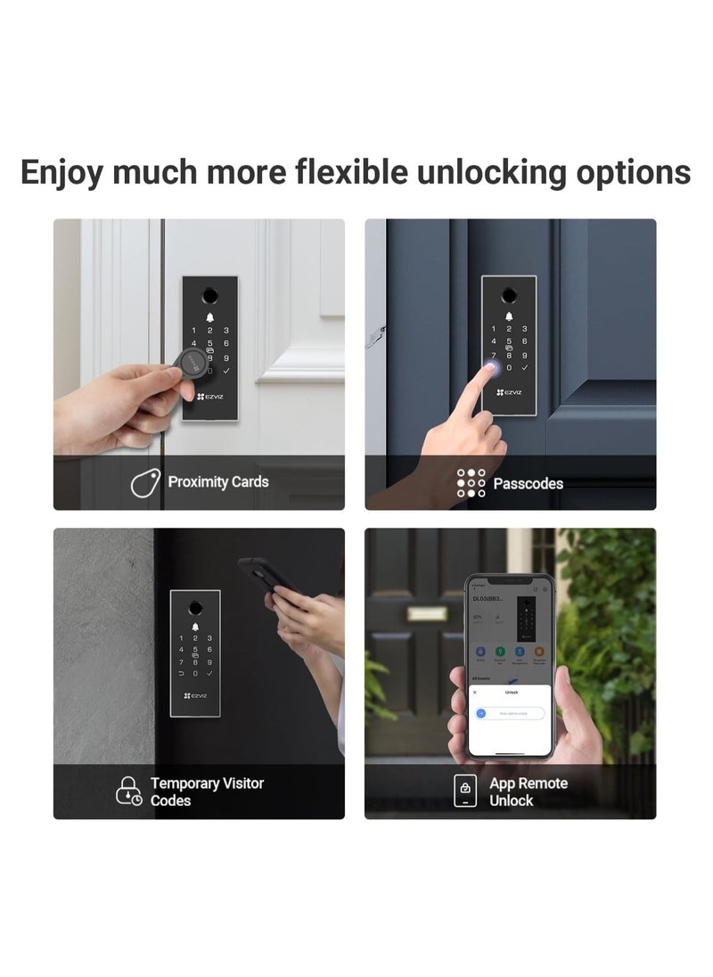EZVIZ DL03 Pro Smart Rim Lock, Keyless Entry with Fingerprint & Passcode Unlocking, 2.4 GHz Wi-Fi Connectivity, Remote Access via EZVIZ App, Automatic Locking, Anti-Tamper Alarm, Real-Time Notifications, Emergency Power Supply, Smart Integration with EZVIZ Cameras, Aluminum & Plastic Construction, Supports Up to 50 Passcodes, Low Battery Alerts, Includes Proximity Cards & AA Batteries, CE Certified  - Image 3