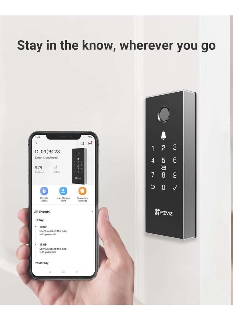 DL03 Pro Smart Rim Lock, Keyless Entry with Fingerprint & Passcode Unlocking, 2.4 GHz Wi-Fi Connectivity, Remote Access via EZVIZ App, Automatic Locking, Anti-Tamper Alarm, Real-Time Notifications, Emergency Power Supply, Smart Integration with EZVIZ Cameras, Aluminum & Plastic Construction, Supports Up to 50 Passcodes, Low Battery Alerts, Includes Proximity Cards & AA Batteries, CE Certified