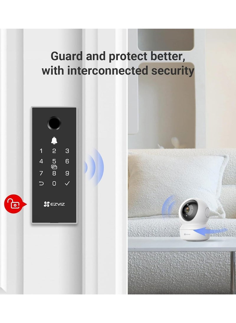 DL03 Pro Smart Rim Lock, Keyless Entry with Fingerprint & Passcode Unlocking, 2.4 GHz Wi-Fi Connectivity, Remote Access via EZVIZ App, Automatic Locking, Anti-Tamper Alarm, Real-Time Notifications, Emergency Power Supply, Smart Integration with EZVIZ Cameras, Aluminum & Plastic Construction, Supports Up to 50 Passcodes, Low Battery Alerts, Includes Proximity Cards & AA Batteries, CE Certified