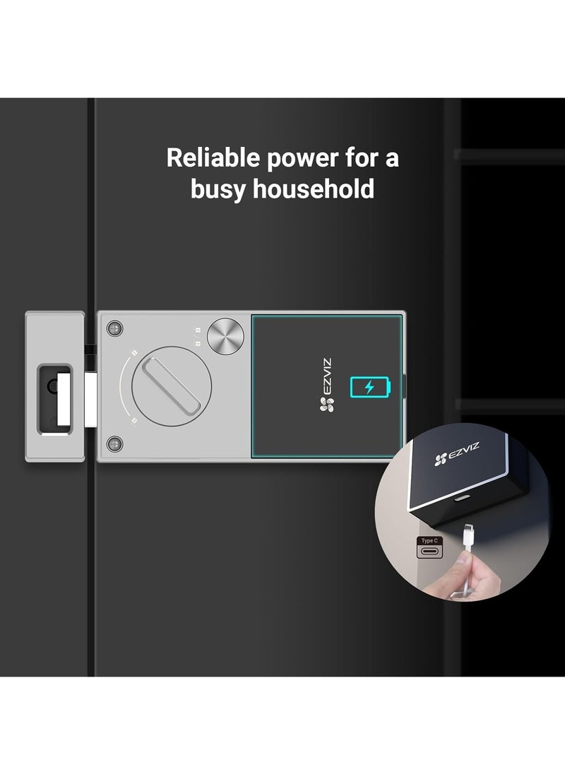 DL03 Pro Smart Rim Lock, Keyless Entry with Fingerprint & Passcode Unlocking, 2.4 GHz Wi-Fi Connectivity, Remote Access via EZVIZ App, Automatic Locking, Anti-Tamper Alarm, Real-Time Notifications, Emergency Power Supply, Smart Integration with EZVIZ Cameras, Aluminum & Plastic Construction, Supports Up to 50 Passcodes, Low Battery Alerts, Includes Proximity Cards & AA Batteries, CE Certified