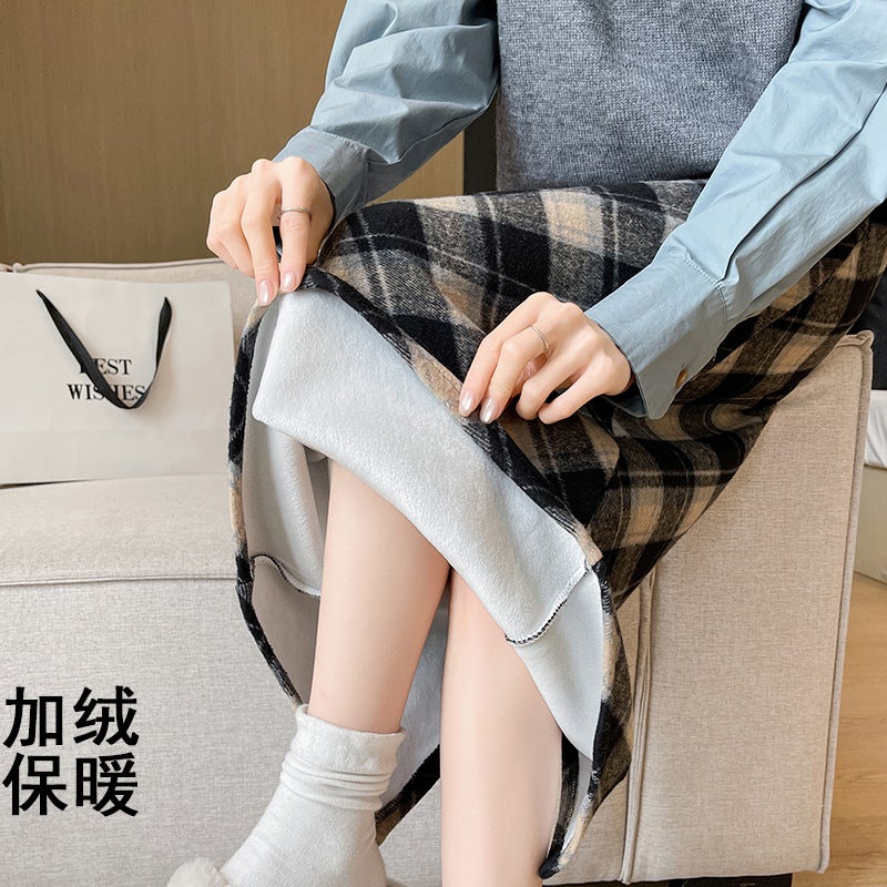 Woolen Hip Skirt Autumn and Winter New Arrival Long Skirt Womens All-Match High Waist Slimming Ace Retro Twill Plaid Skirt Black gray [velvet style]
