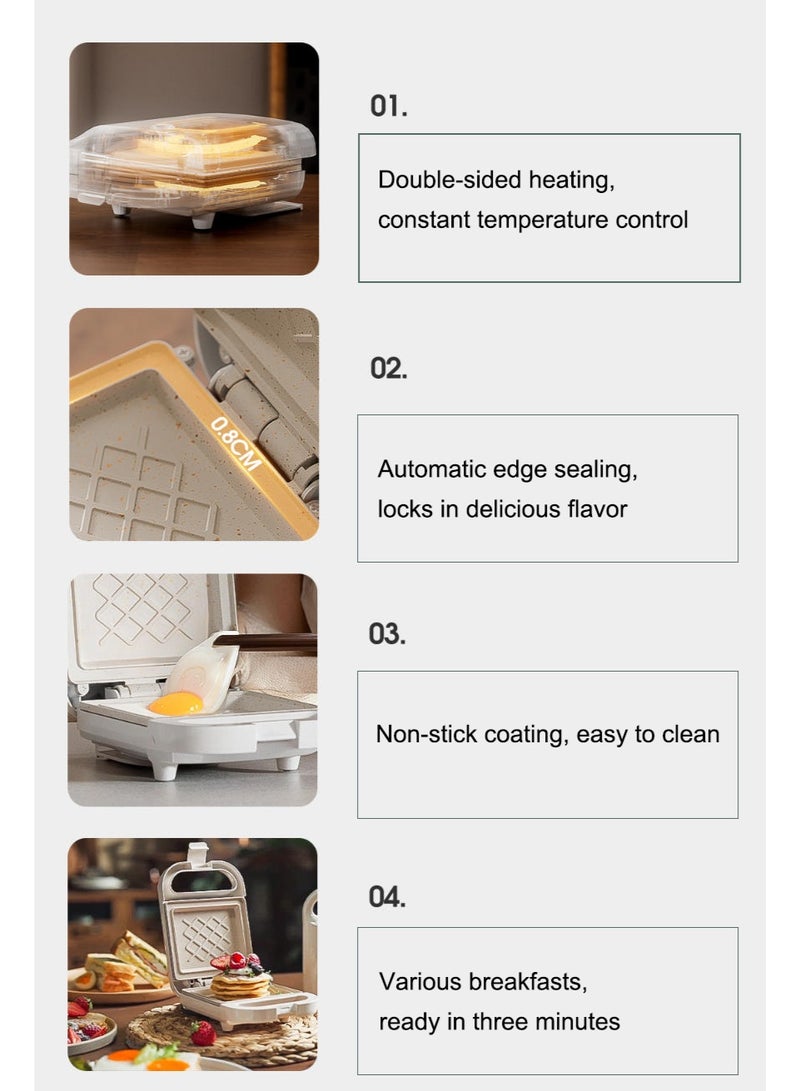 Monda 3-Minute Breakfast Maker - 650W Double-Sided Grill, 2cm Deep Non-Stick Plate, Vertical Storage, Easy Cleaning, Suitable for Sandwiches, Waffles, and Omelets - Compact Personal Grill, White - Image 4