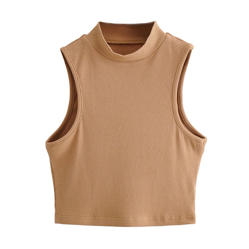 Summer Vintage Turtleneck Crop Top Sleeveless Khaki 
