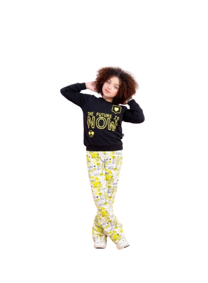 Girls' set, black T-shirt and yellow pants with a drawing - Image 1