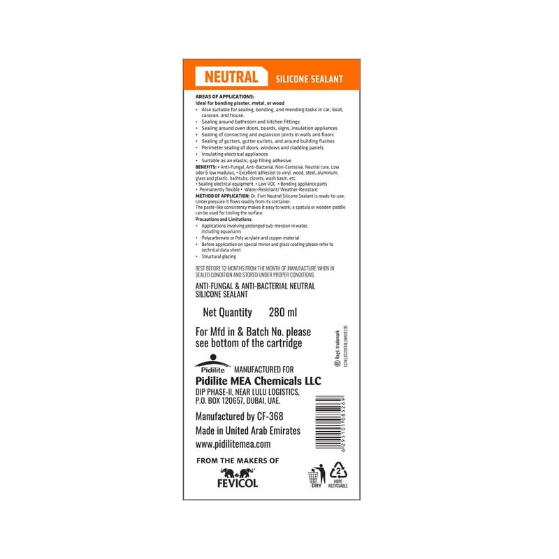 Dr. Fixit Neutral Silicone Sealant Clear 280ML - High-Performance Waterproof Adhesive - Image 2