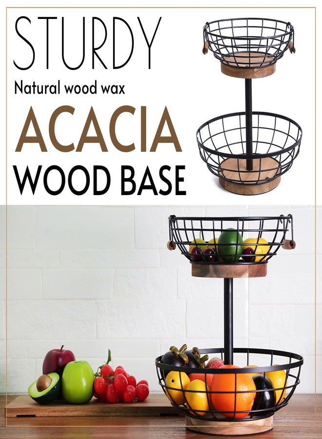 WILDMOS 2-tier Fruit Basket Bowl,Metal Basket with Wooden Base,Fruit and Vegetable Storage with Banana Hanger,Fruit Basket for Kitchen Counter Organizer. - Image 5
