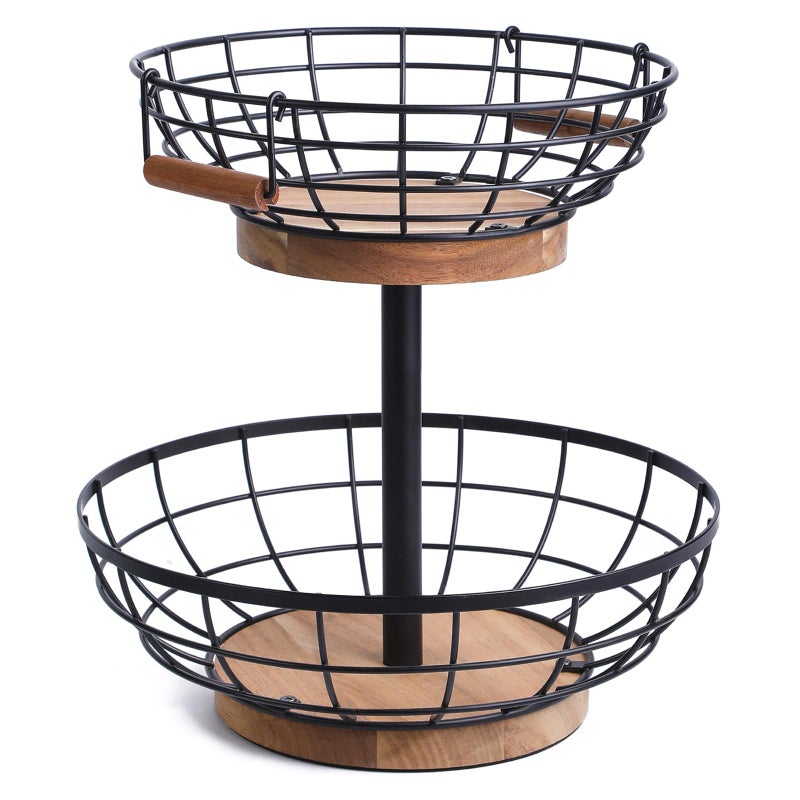 WILDMOS 2-tier Fruit Basket Bowl,Metal Basket with Wooden Base,Fruit and Vegetable Storage with Banana Hanger,Fruit Basket for Kitchen Counter Organizer. - Image 1