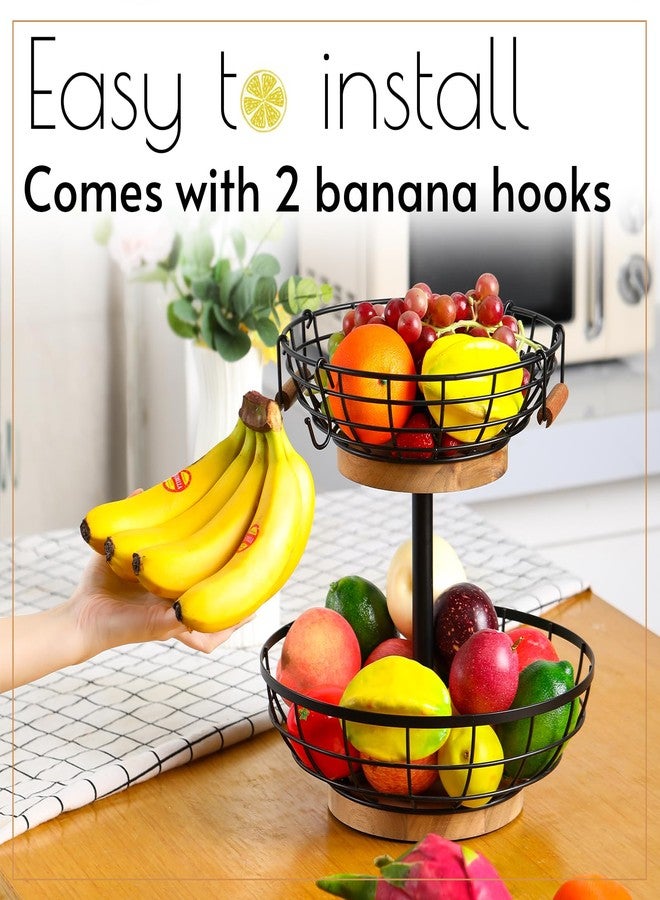 WILDMOS 2-tier Fruit Basket Bowl,Metal Basket with Wooden Base,Fruit and Vegetable Storage with Banana Hanger,Fruit Basket for Kitchen Counter Organizer. - Image 4