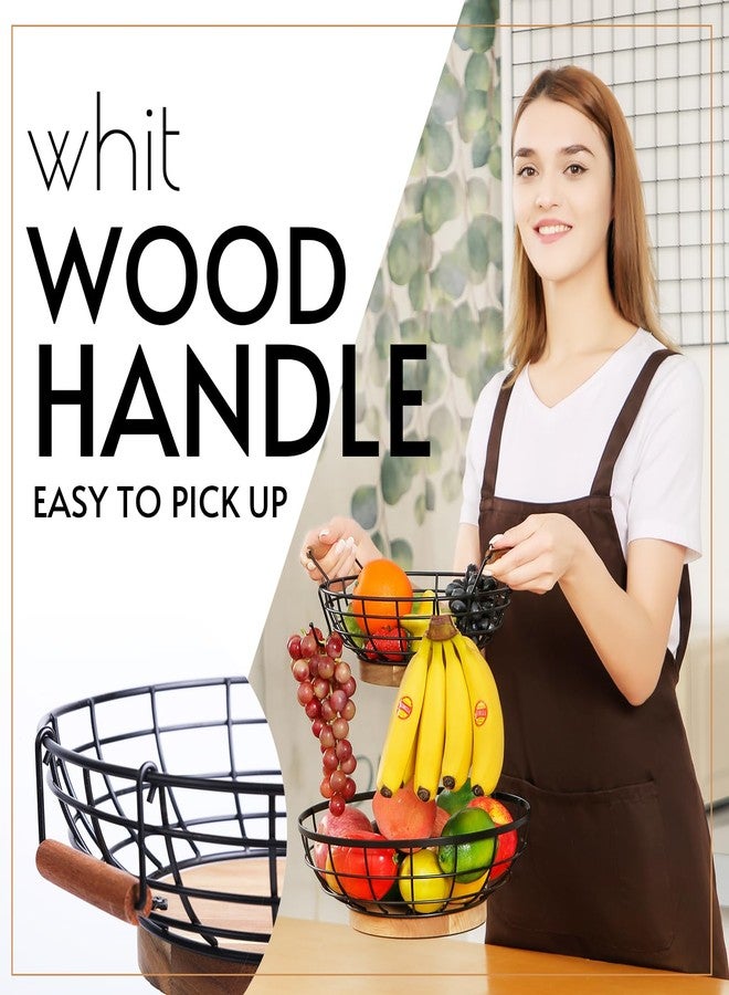 WILDMOS 2-tier Fruit Basket Bowl,Metal Basket with Wooden Base,Fruit and Vegetable Storage with Banana Hanger,Fruit Basket for Kitchen Counter Organizer. - Image 3