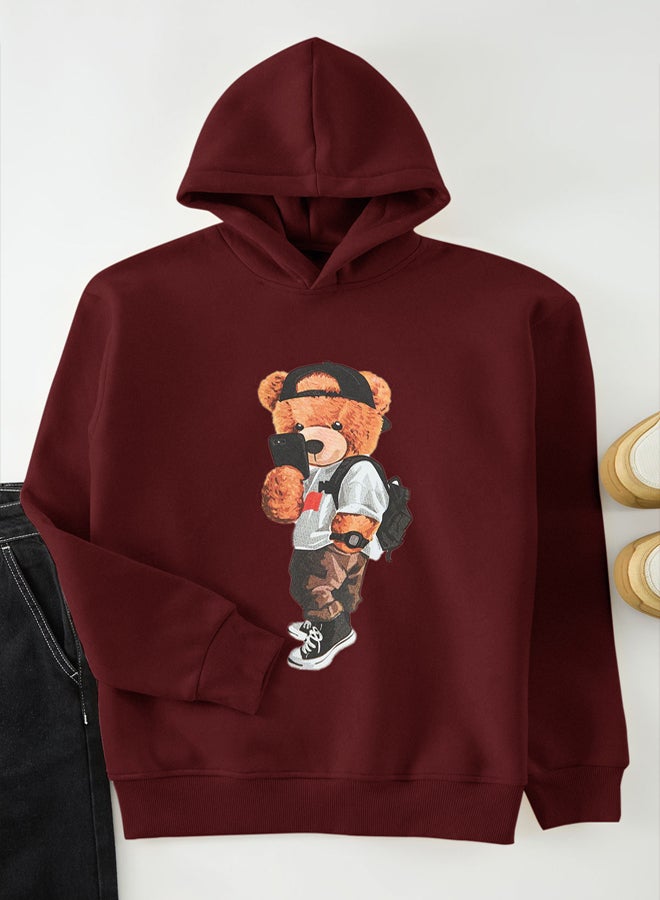 trendyol Claret Red Unisex Oversize Teddy Bear Printed Polar Fleece/Warm Hooded Sweatshirt - Image 2