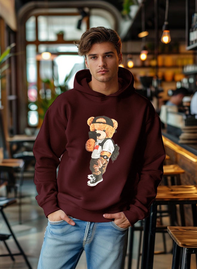trendyol Claret Red Unisex Oversize Teddy Bear Printed Polar Fleece/Warm Hooded Sweatshirt - Image 1