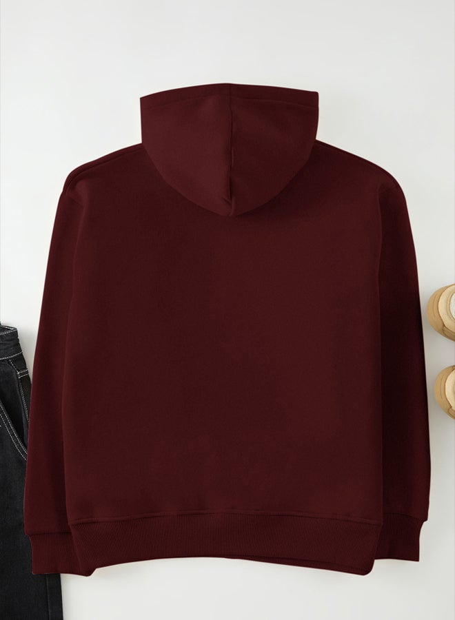 trendyol Claret Red Unisex Oversize Teddy Bear Printed Polar Fleece/Warm Hooded Sweatshirt - Image 4