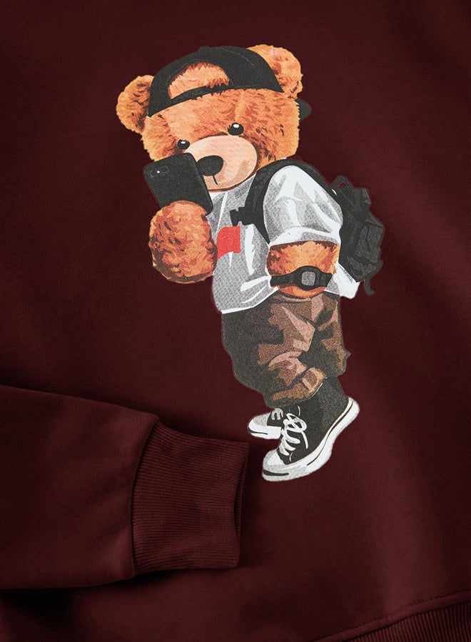trendyol Claret Red Unisex Oversize Teddy Bear Printed Polar Fleece/Warm Hooded Sweatshirt - Image 3
