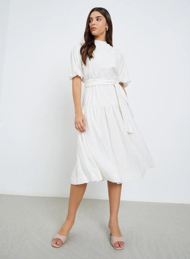 Styli Styli Solid Puff Sleeves Tiered Midi Dress