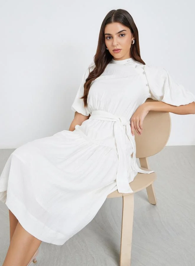 Styli Styli Solid Puff Sleeves Tiered Midi Dress
