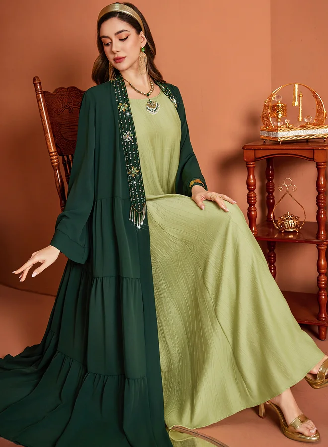 Take Two Take Two Embellished Long Sleeve Tiered Maxi Kimono