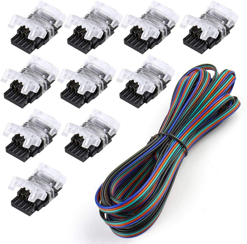 SUPERNIGHT 10 Pack 4 Pin LED Connector for Waterproof 10mm RGB 5050 LED Strip Lights Strip to Wire Quick Connection Without Stripping Include UL Listed 164ft 22 Gauge 4 Conductor Extension Cable